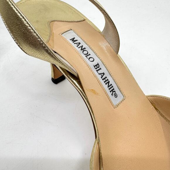 MANOLO BLAHNIK 'Callasli' Gold Metallic Leather Slingback Heels - Picture 8 of 10